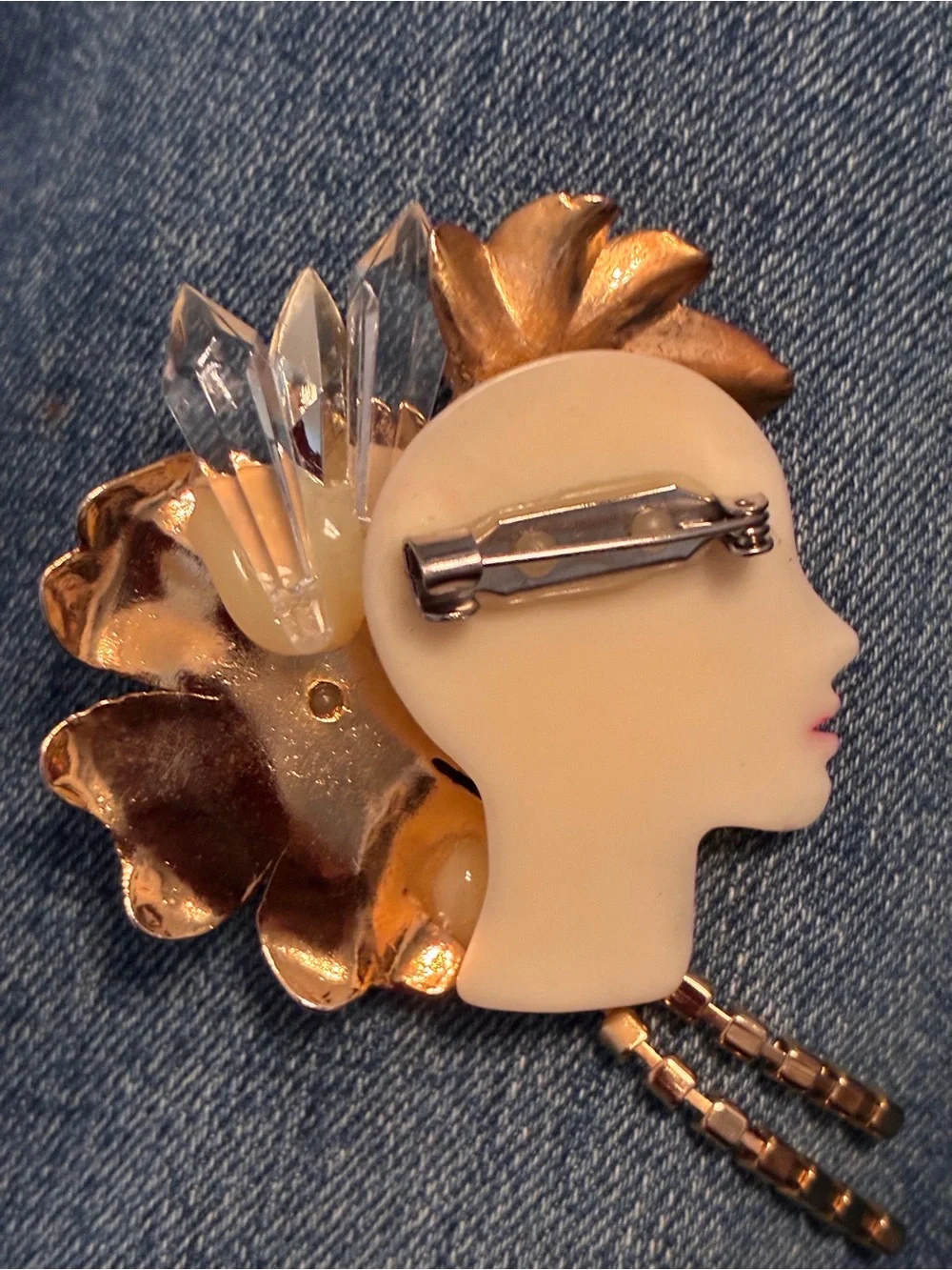 Vintage Art Deco Style Lady Face Brooch with Crystal Accents - Women Jewelry